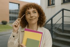 ragazza con libri in mano che pensa